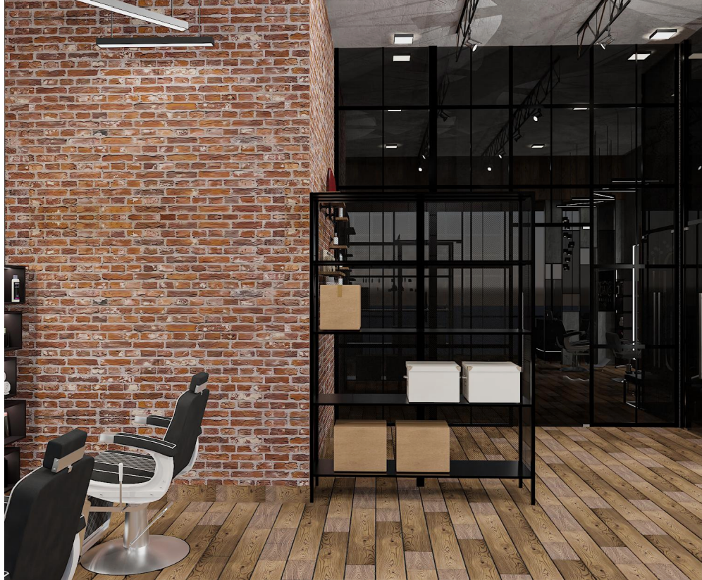 Modern industrial barbershop interior with brick walls