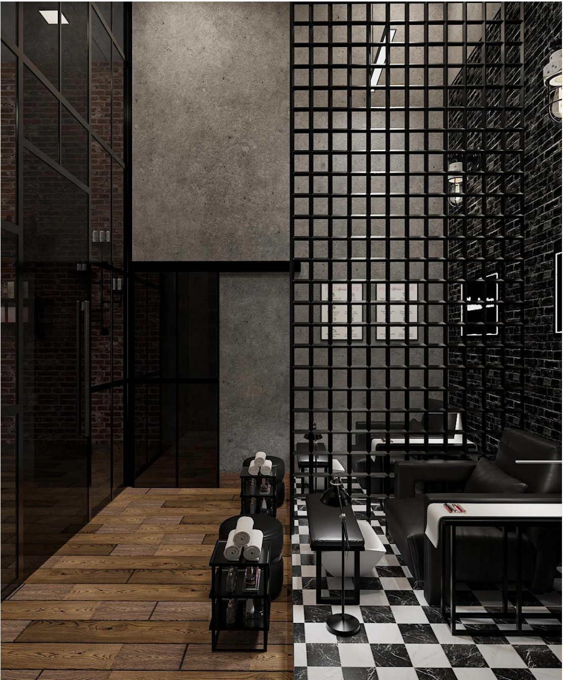 Industrial-style barbershop with checkered floor details