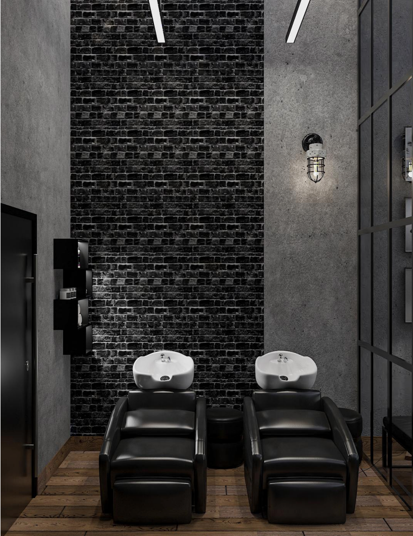 Luxury hair washing stations with black brick backdrop